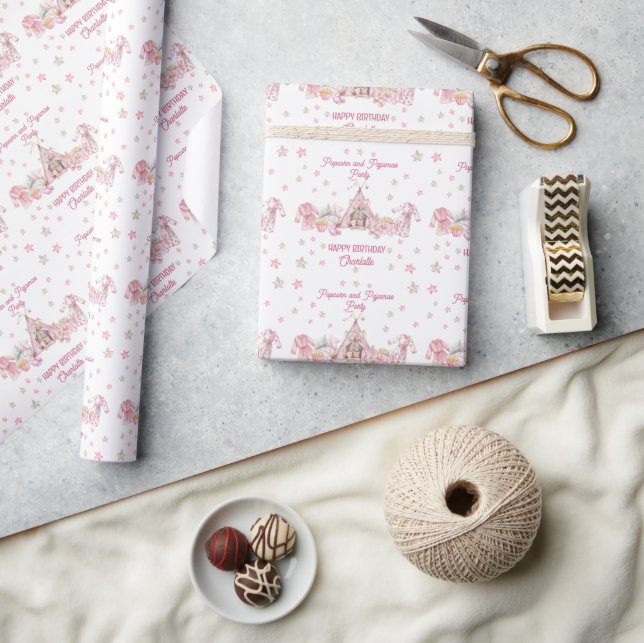 Pink Popcorn and Pyjamas Slumber Birthday Party Wrapping Paper (Crafts)