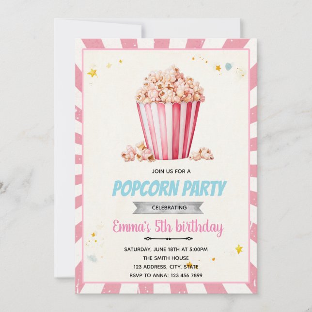Pink popcorn party invitation (Front)