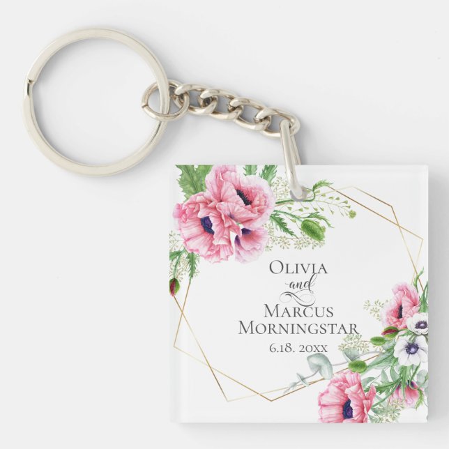 Pink Poppies and Greenery Key Ring (Front)