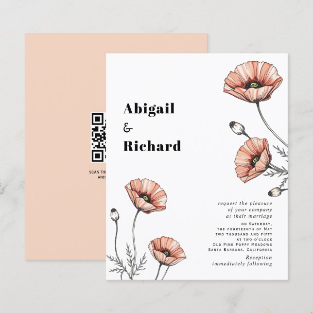  Pink poppies floral BUDGET QR wedding invitation (Front/Back)