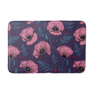 Pink poppies on dark violet bath mat