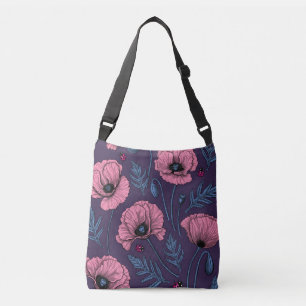 Pink poppies on dark violet crossbody bag