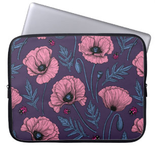 Pink poppies on dark violet laptop sleeve