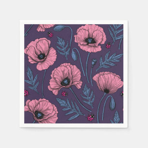 Pink poppies on dark violet napkin