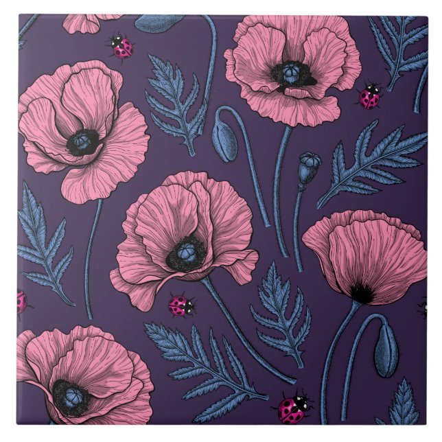 Pink poppies on dark violet tile (Front)