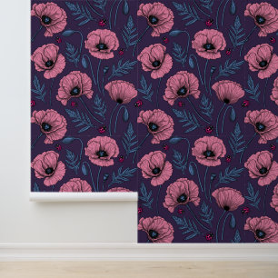 Pink poppies on dark violet wallpaper