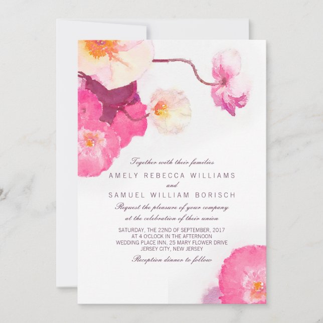 Pink Poppies Watercolor Wedding Invitation (Front)