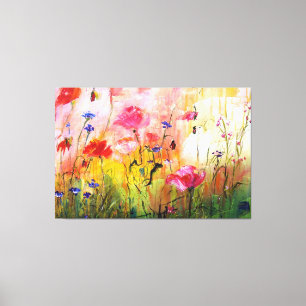 Pink Poppies Wildflower Painting Canvas Print
