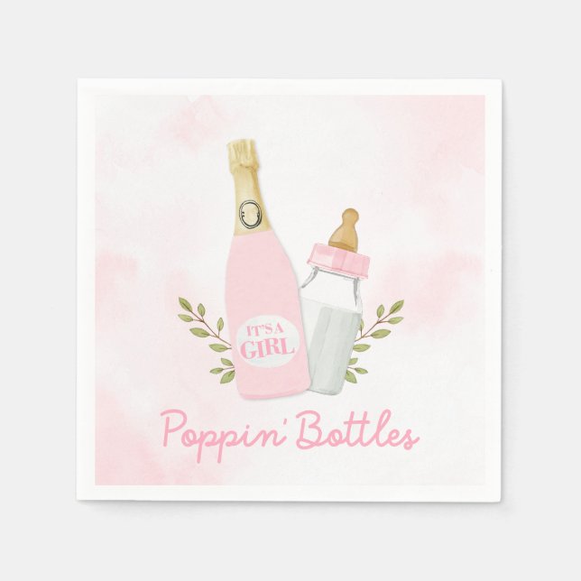 Pink Poppin Bottles Girl Baby Shower Napkin (Front)