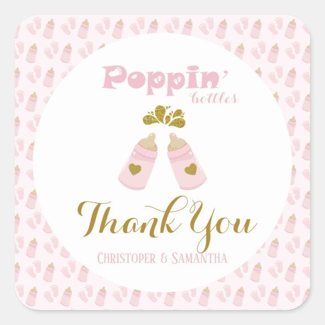 Pink Poppin Bottles Girl Baby Shower Square Sticker (Front)