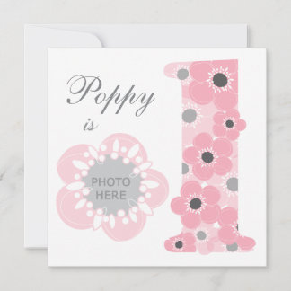 Pink poppy age one girl invitation photo upload