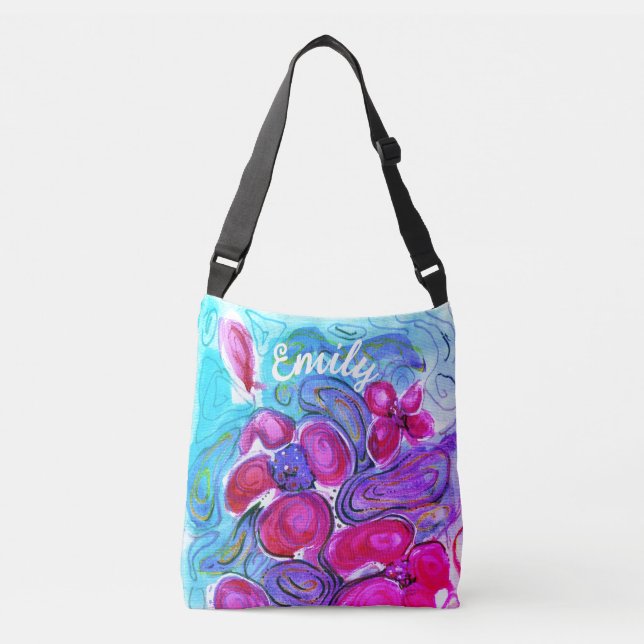 Pink Poppy Fantasy Watercolor & Your Name Crossbody Bag (Front)