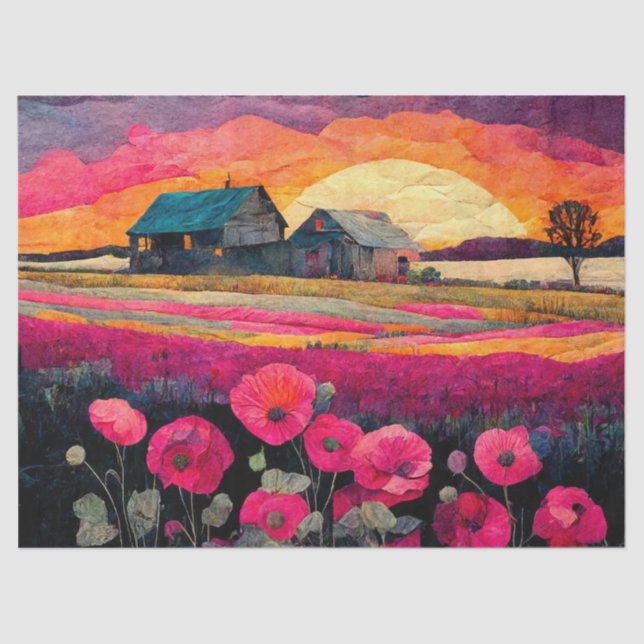 Pink Poppy Farm at Sunset, Vibrant Farmhouse Decor Tissue Paper (Front)