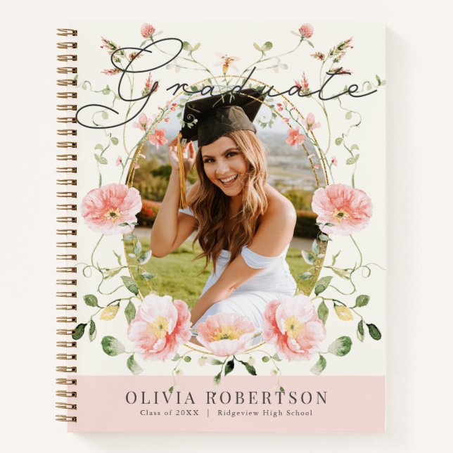 Pink Poppy Floral Photo Graduation Guest Book (Front)