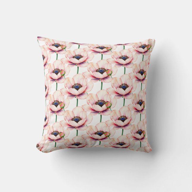 pink poppy flower with a budding stem cushion (Front)
