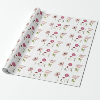 Pink Poppy Flowers Floral Patterns in White Wrapping Paper