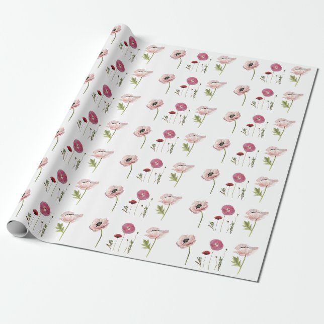 Pink Poppy Flowers Floral Patterns in White Wrapping Paper (Unrolled)