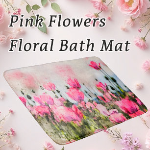 Pink Poppy Flowers Floral Watercolor Bath Mat