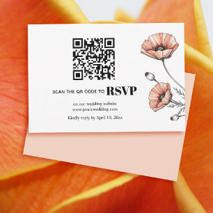Pink poppy flowers QR code floral wedding RSVP Card