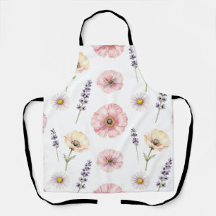 Pink Poppy Lavender Daisy Watercolor Floral Apron
