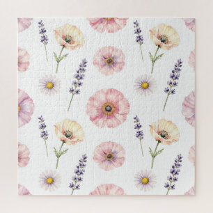 Pink Poppy Lavender Daisy Watercolor Floral  Jigsaw Puzzle