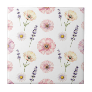 Pink Poppy Lavender Daisy Watercolor Floral  Tile
