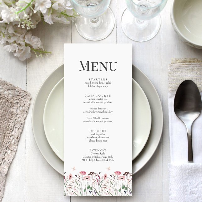 Pink Poppy Meadow Wedding Menu Card (Pink Poppy Meadow Wedding Menu Card on a boho white wedding table)