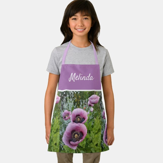 Pink Poppy Purple Flower Girls Childs Apron (Insitu)