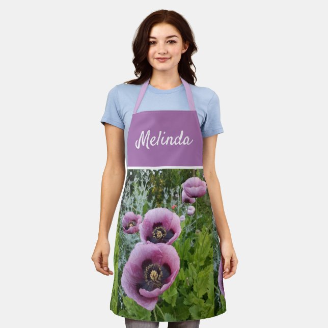 Pink Poppy Purple Flower Womans Apron (Worn)