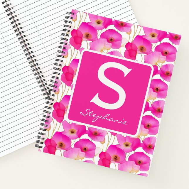 Pink Poppy Watercolor Floral Monogram Notebook (Monogrammed pink poppy notebook on a sunlit desk for a student organizing their school notes.)