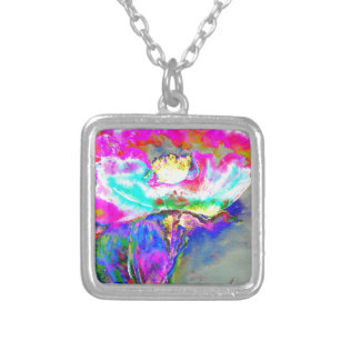 Pink  Poppy, watercolor floral painting Silver Plated Necklace