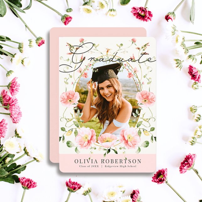 Pink Poppy Watercolor Floral Photo Graduation Invitation (Creator Uploaded)