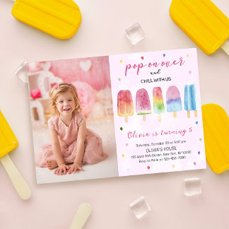 Pink Popsicle Ice Cream Pop On Over Birthday Photo Invitation