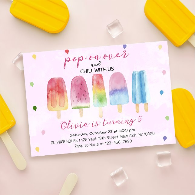 Pink Popsicle Ice Cream Pop On Over Girl Birthday Invitation (Creator Uploaded)