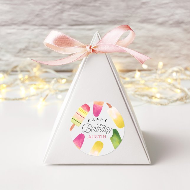 Pink Popsicle Personalised Kids Birthday Classic Round Sticker (Creator Uploaded)