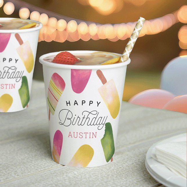 Pink Popsicle Personalised Kids Birthday Party Paper Cups (Creator Uploaded)