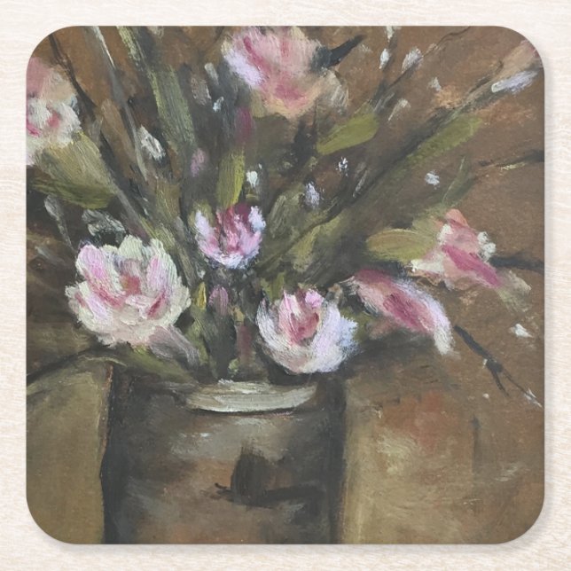 "Pink Posies" Flower Bouquet Fine Art Oil Painting Square Paper Coaster (Front)