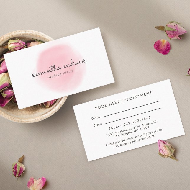 Pink Powder Puff Makeup Artist Appointment Business Card (A feminine appointment reminder card for your clients.)