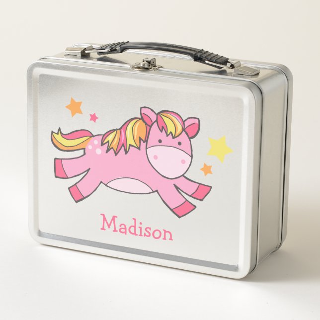 Pink Prancing Pony Personalised Metal Lunch Box (Front)