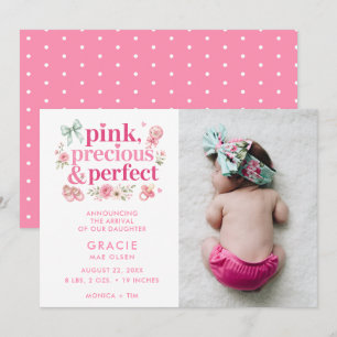 Pink Precious Modern Baby Girl Photo Birth Announcement