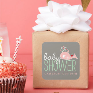 Pink Pregnant Mummy Whale Girl Baby Shower Party Square Sticker