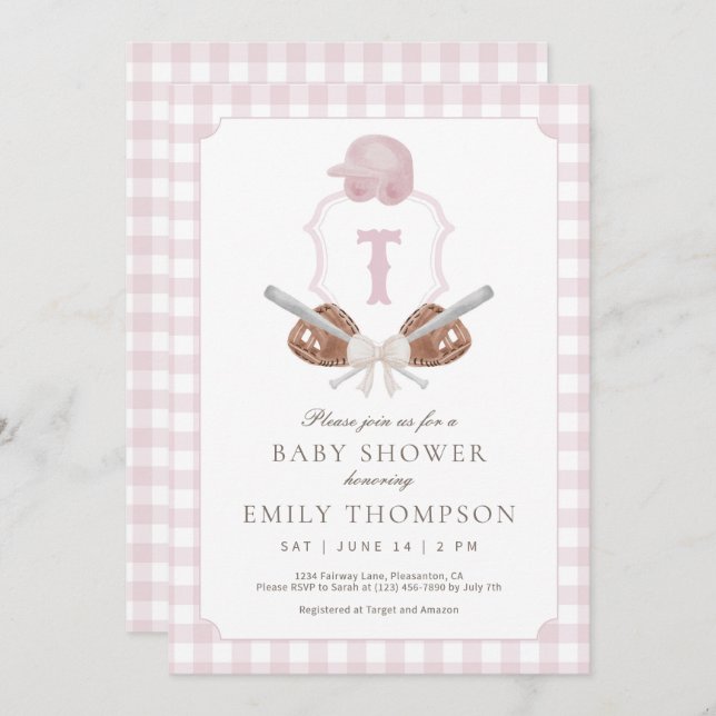Pink Preppy Baseball Crest Baby Shower Invitation (Front/Back)