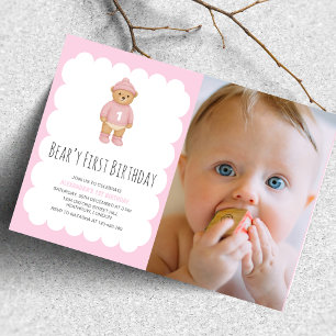 Pink Preppy Bear Beary First Birthday Photo Invitation