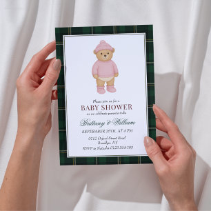 Pink Preppy Bear Designer Plaid Baby Shower Invitation