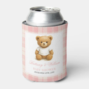 Pink Preppy Bear Elegant Plaid Baby Shower Can Cooler