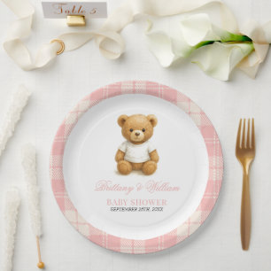 Pink Preppy Bear Elegant Plaid Baby Shower   Paper Plate