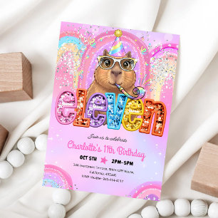 Pink Preppy Capybara 11th Birthday Invitation
