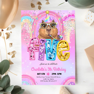 Pink Preppy Capybara 5th Birthday Invitation