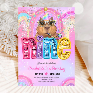 Pink Preppy Capybara 9th Birthday Invitation