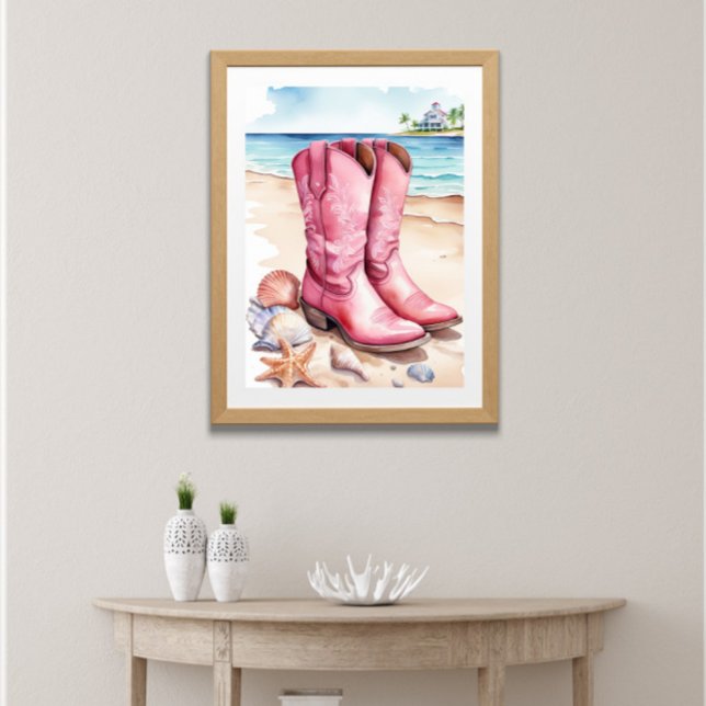 Pink Preppy Coastal Cowgirl Boots Sand Ocean Beach Poster (Pink Preppy Coastal Cowgirl Boots on the beach sand near the ocean seashells. Printed or Digital)